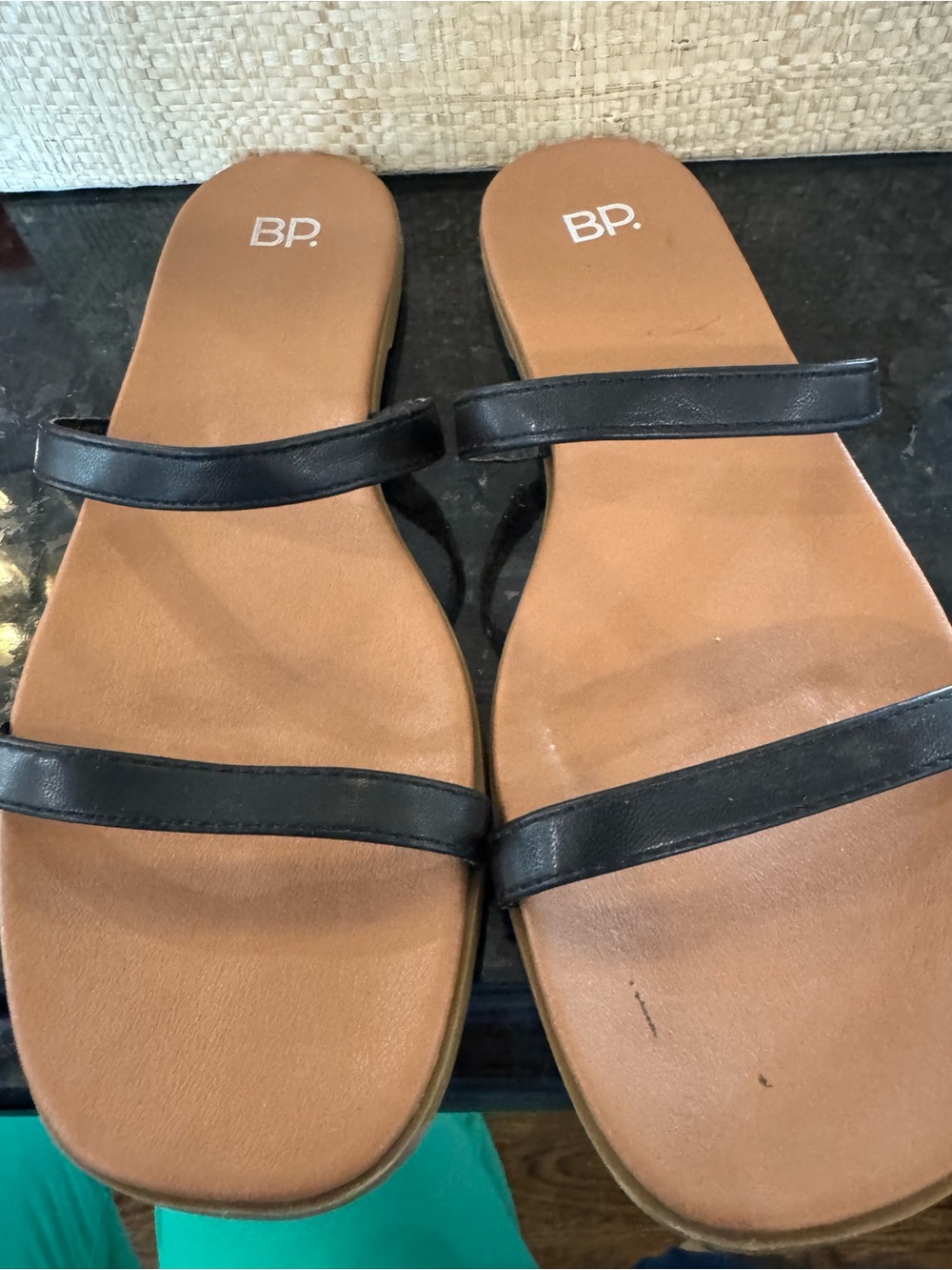 bp Black Double-Strap Tan Footbed Slide Sandals